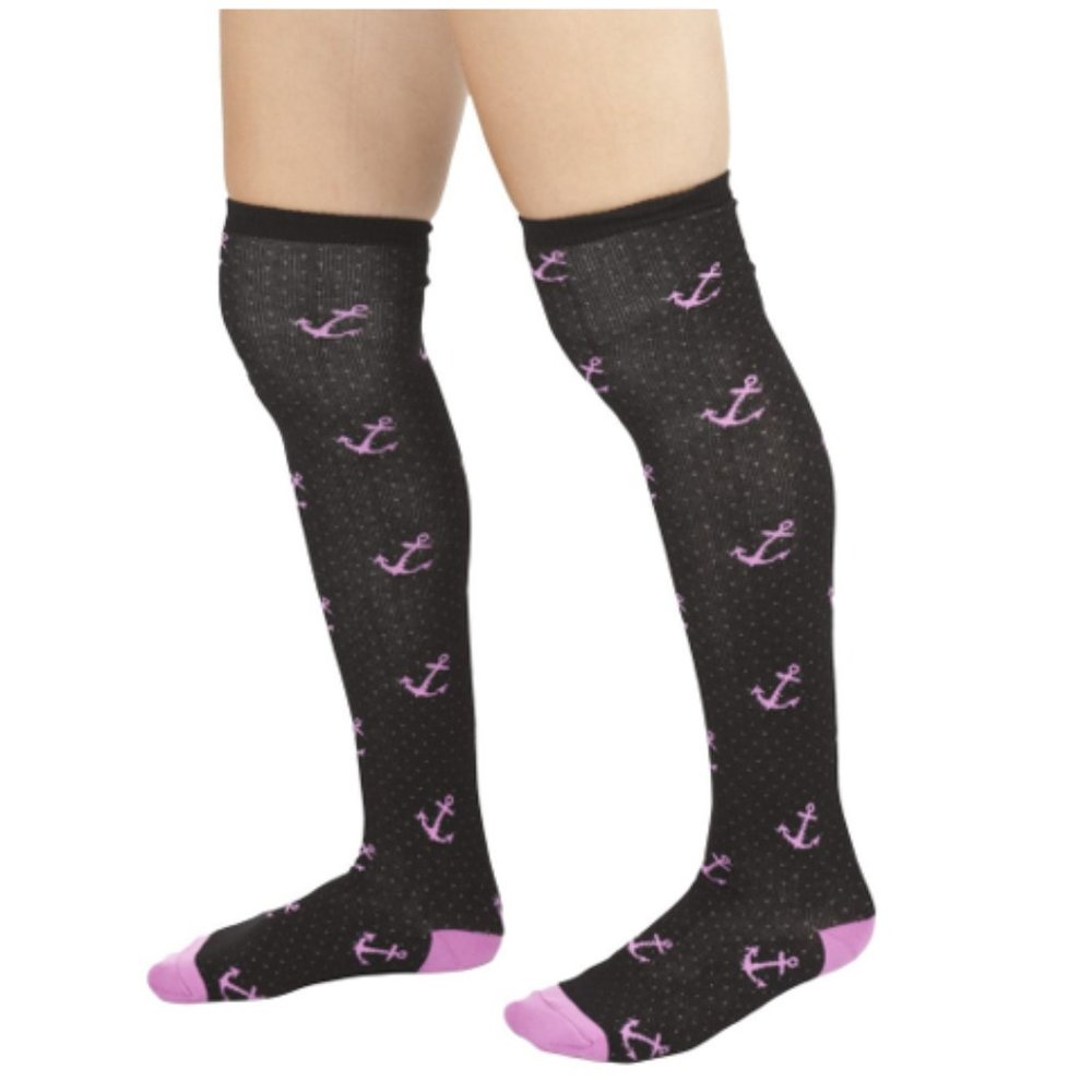 Black & Pink Anchor Seafaring Thigh High Socks Nautical Sailor Retro RARE NWT